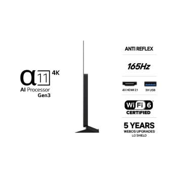LG OLED evo AI C6 visad framifrån och från sidan framhäver en 48-tums skärm med en 1 071 mm bred skärm, en total höjd på 620 mm och ett superslimmat djup på 46,9 mm utan stativ.